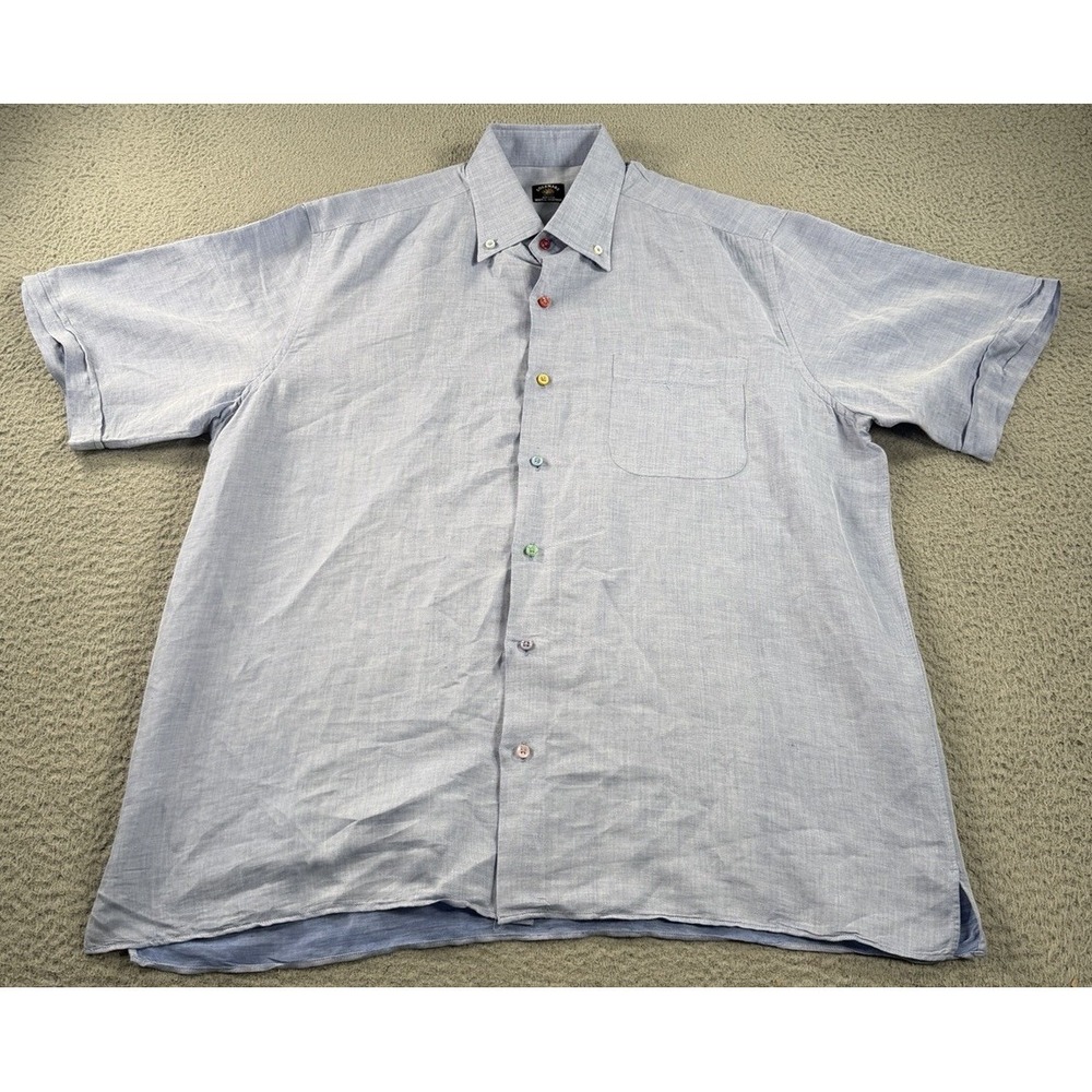 Solemare Maus & Hoffman Shirt Mens L Blue Linen Italian Short Sleeve Button Down